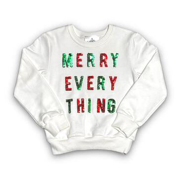 White youth sweatshirt with green and red sequin text 'MERRY EVERYTHING' on the front.