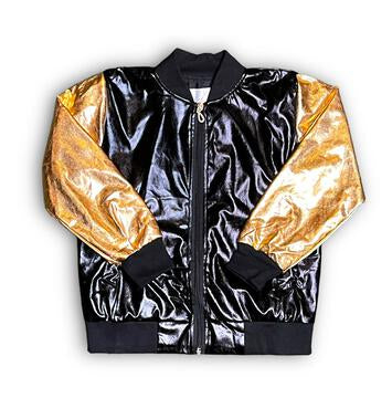 A black and gold metallic jacket with a front zipper and a round neckline. The jacket is displayed on a plain background.