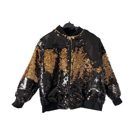 A black and gold sequin adult jacket with a hood, displayed on a mannequin.