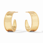 Gold hoop earrings with a wide band and rope textured edges