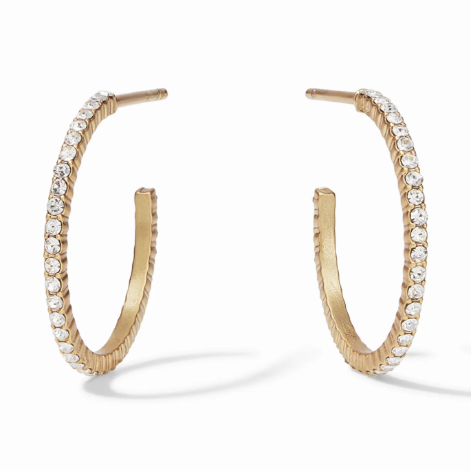 Gold hoop earrings with embedded clear crystals