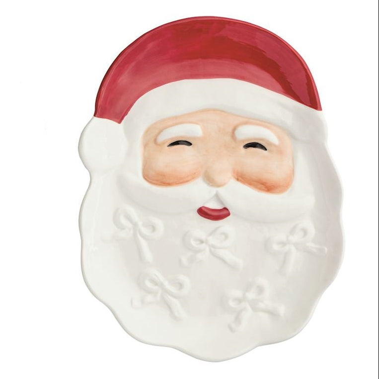 Ceramic Santa Claus shaped serving platter with embossed bow details on the beard