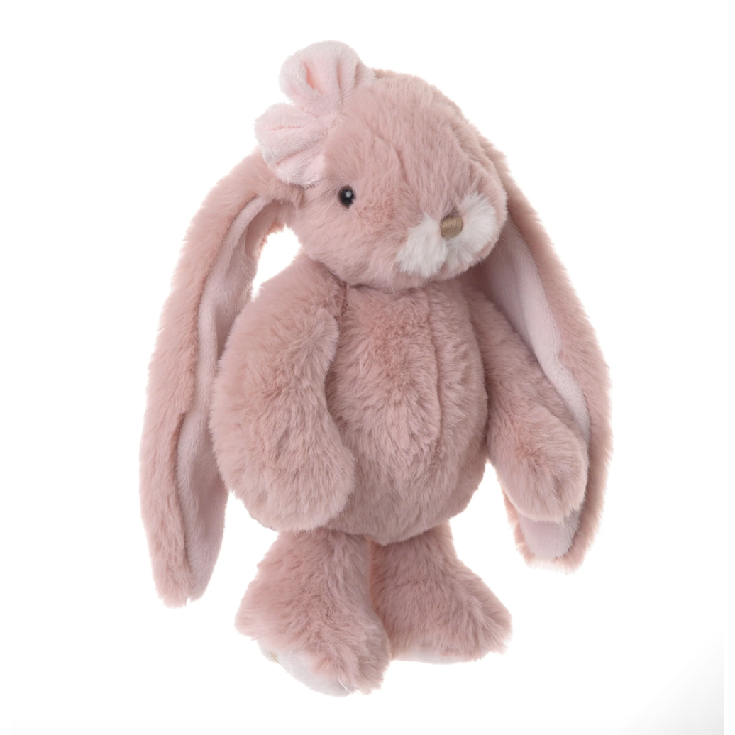 Pink plush bunny toy on a white background