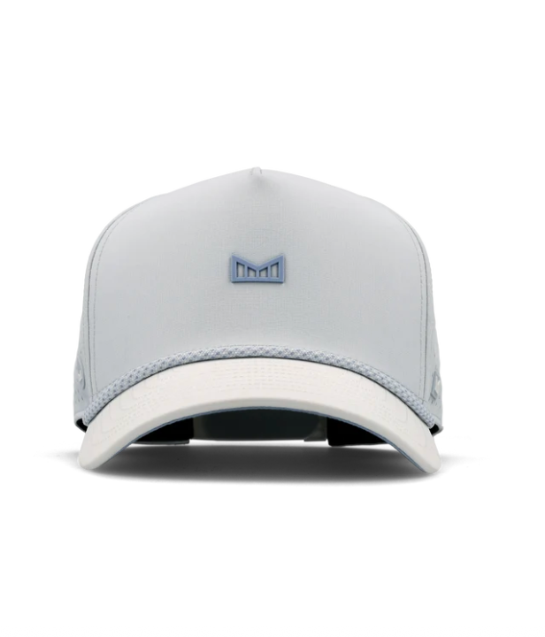 Studio product photograph of a Melin brand light grey performance cap featuring a raised powder blue rubberized logo, a white textured brim, and a decorative braided rope detail on a clean white background