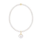 Pearl beaded necklace with a single gold bead and a large pearl pendant