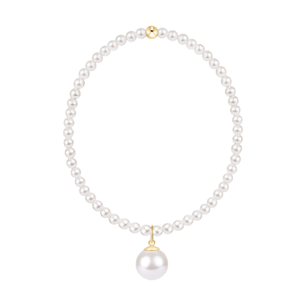 Pearl beaded necklace with a single gold bead and a large pearl pendant