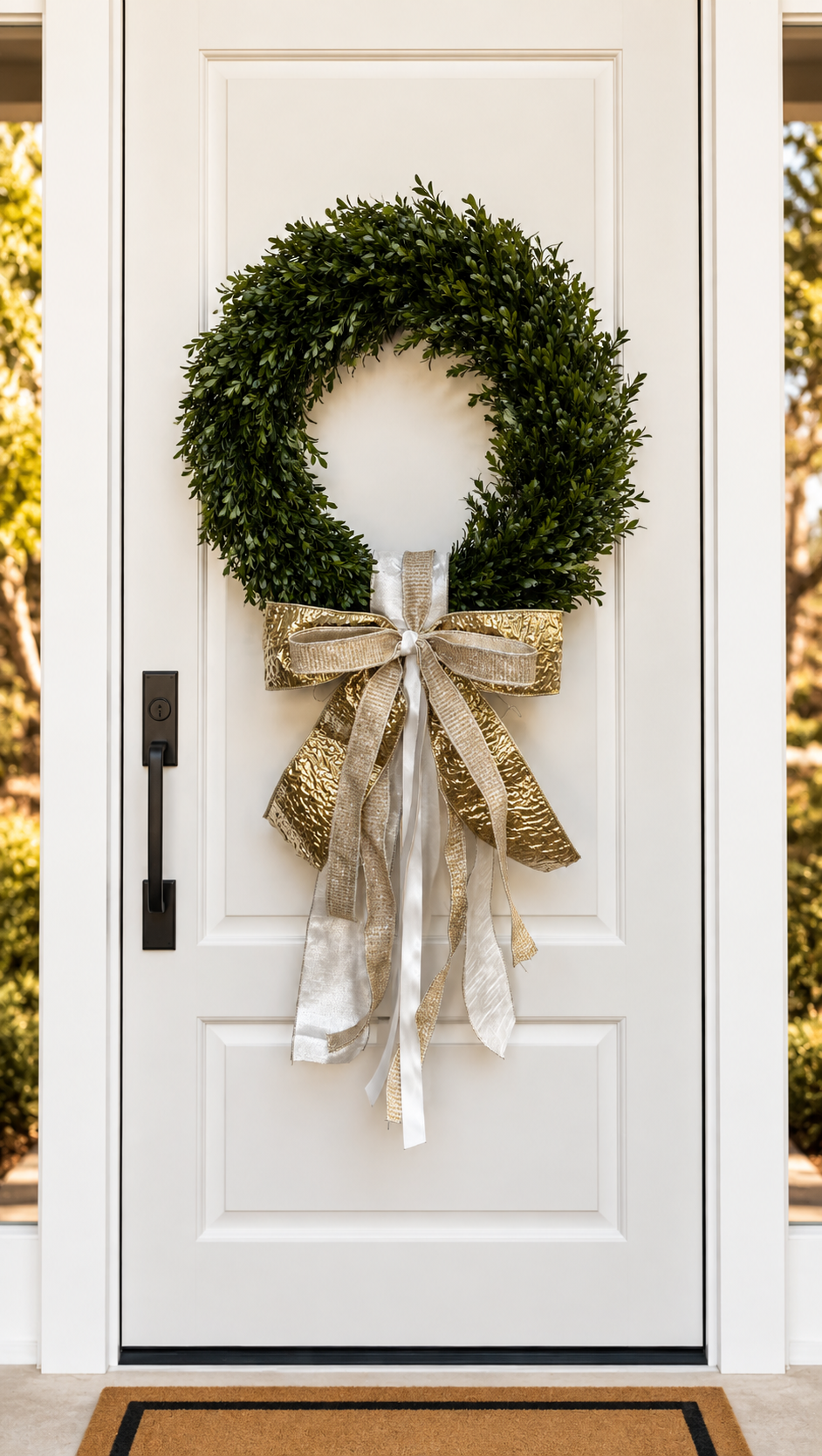 White front door with a boxwood wreath and a gold and silver-white ribbon bow