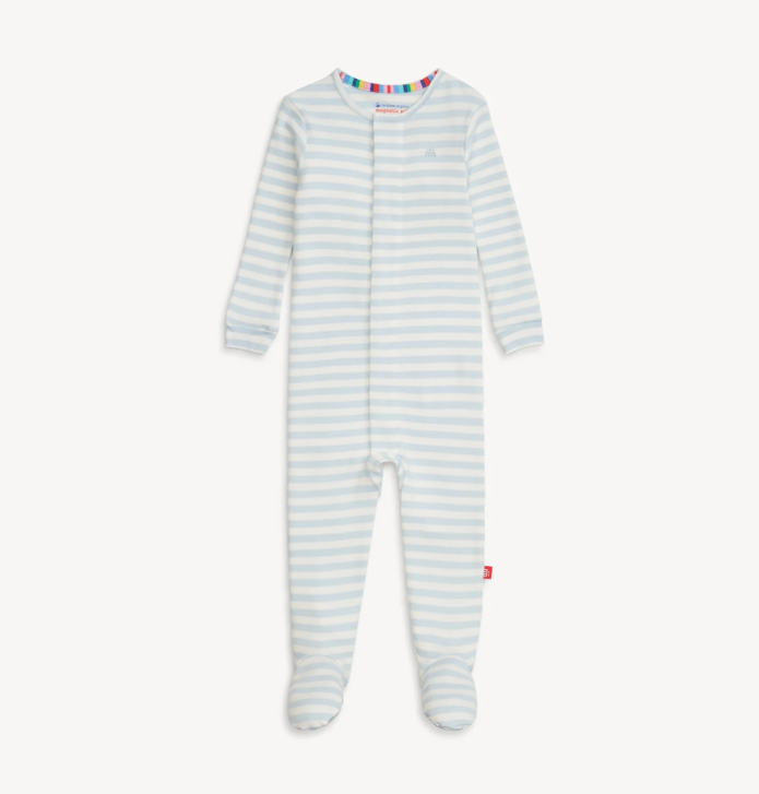 Baby footie with light blue and cream stripes and a rainbow-striped neck lining