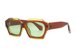 Sunglasses with a brown and gold frame on a white background