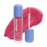 Lip oil with pink serum and blue cap on a white background
