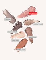 Cosmetic eyeshadow swatches featuring shimmery gotta guava pink, charcolit grey, and matte coffee break brown on a light studio background