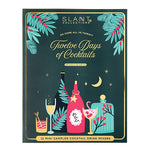 Slant Collections Twelve Days of Cocktails cocktail drink mixer box, featuring a dark teal cover with gold foil borders, festive illustrations of bottles and glasses, and the brand name Slant Collections at the top.