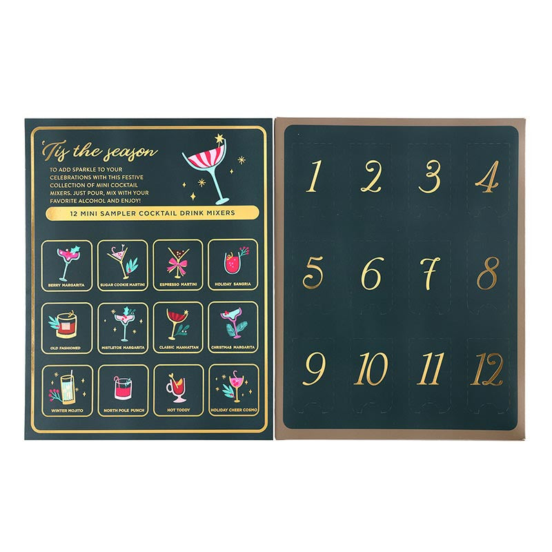 A cocktail drink mixer advent calendar shown open, featuring a dark teal left panel with gold text, cocktail illustrations, and 12 numbered compartments, and a matching dark teal right panel with gold numbers 1 through 12.