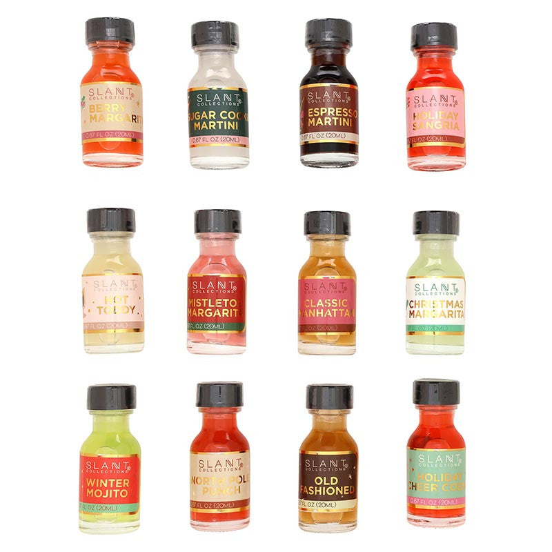 Twelve small bottles of Blant Cocktail Mix arranged in a 3-by-4 grid on a plain white background. Each bottle has a black cap and a colorful label with the Blant brand name and a different cocktail flavor, including Mojito, Margarita, Cosmopolitan, Espresso Martini, Classic Negroni, Christmas Margarita, Winter Mojito, and Old Fashioned.
