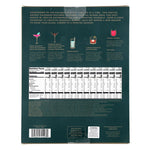 The back of a dark teal beverage box, showing holiday-themed cocktail and mixer recipe illustrations, a nutrition facts panel, and product details.