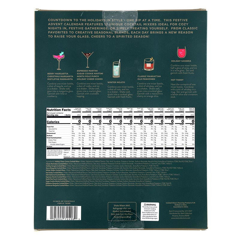 The back of a dark teal beverage box, showing holiday-themed cocktail and mixer recipe illustrations, a nutrition facts panel, and product details.