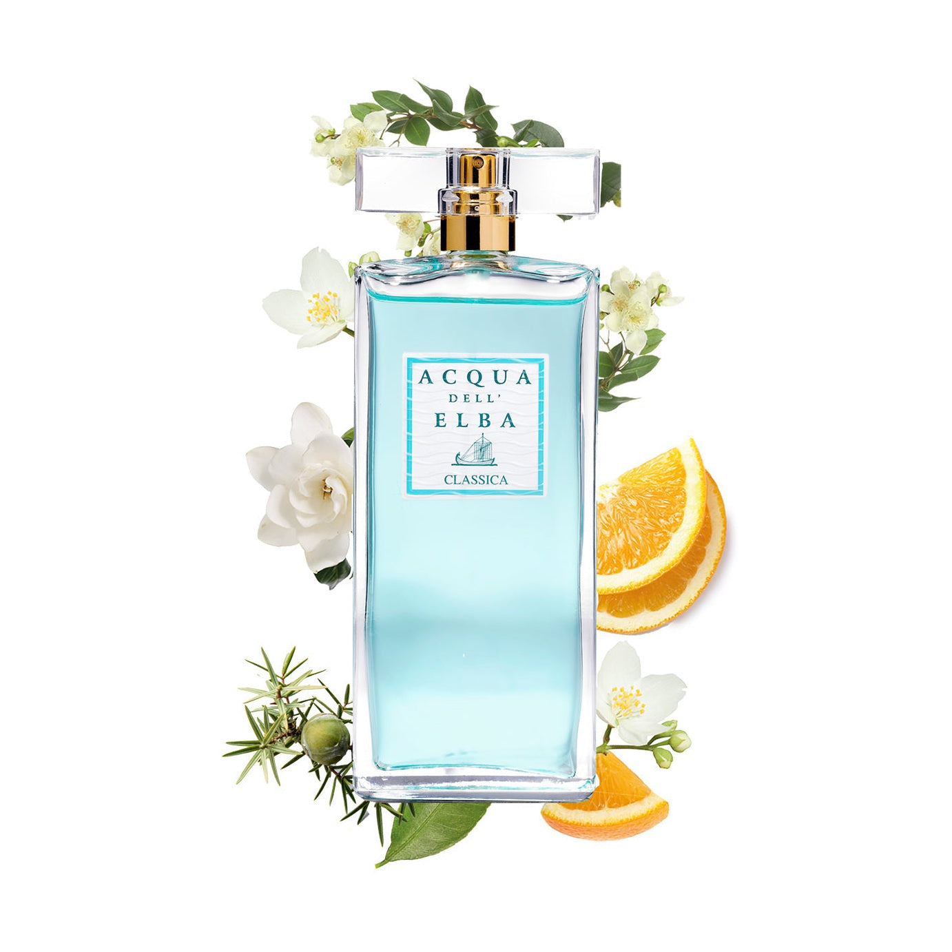 A bottle of Classica Donna perfume by Acqua di Elba, surrounded by floral arrangements and citrus fruit.