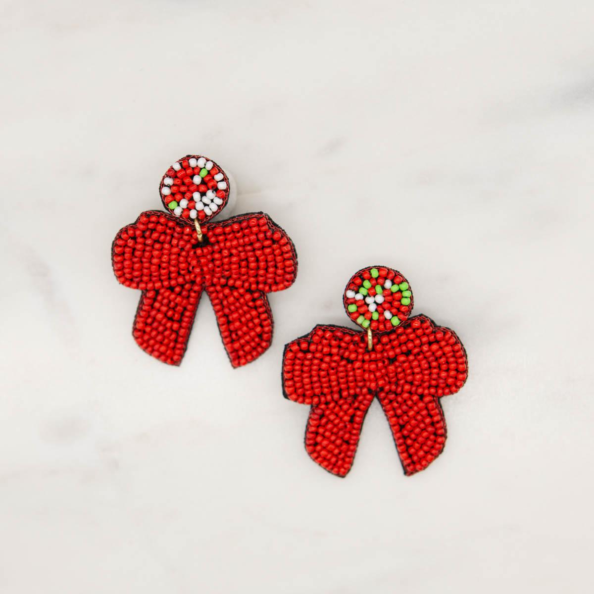 Red Beaded Bow Earrings