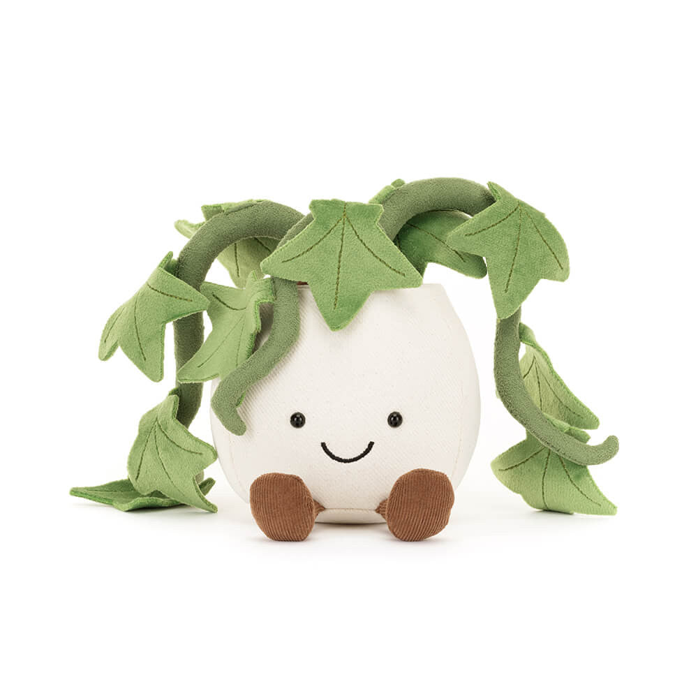 Plush ivy plant in a white pot with a smiling face and brown corduroy feet