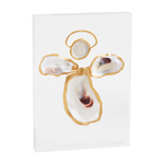 Mixed-media acrylic block sculpture by Grit and Grace Studio featuring an angel figure crafted from natural oyster shells with shimmering gold-gilded edges, a metallic halo, and iridescent shells displaying dark purple adductor muscle scars