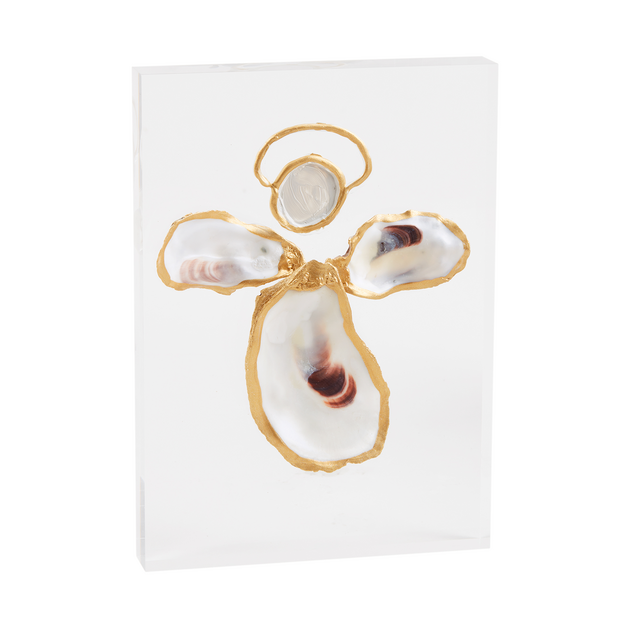 Mixed-media acrylic block sculpture by Grit and Grace Studio featuring an angel figure crafted from natural oyster shells with shimmering gold-gilded edges, a metallic halo, and iridescent shells displaying dark purple adductor muscle scars