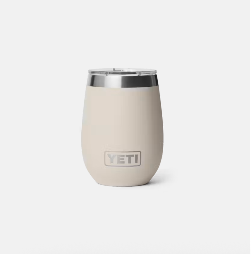 Cream colored Yeti wine tumbler with clear lid