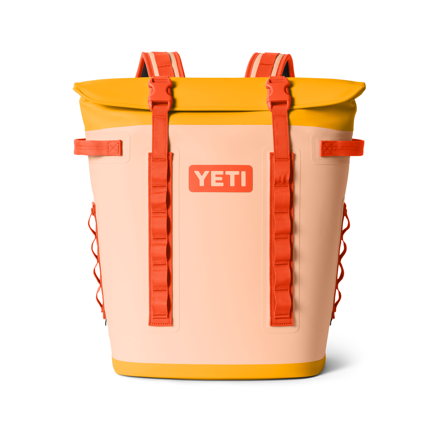 YETI backpack with orange straps and a white background