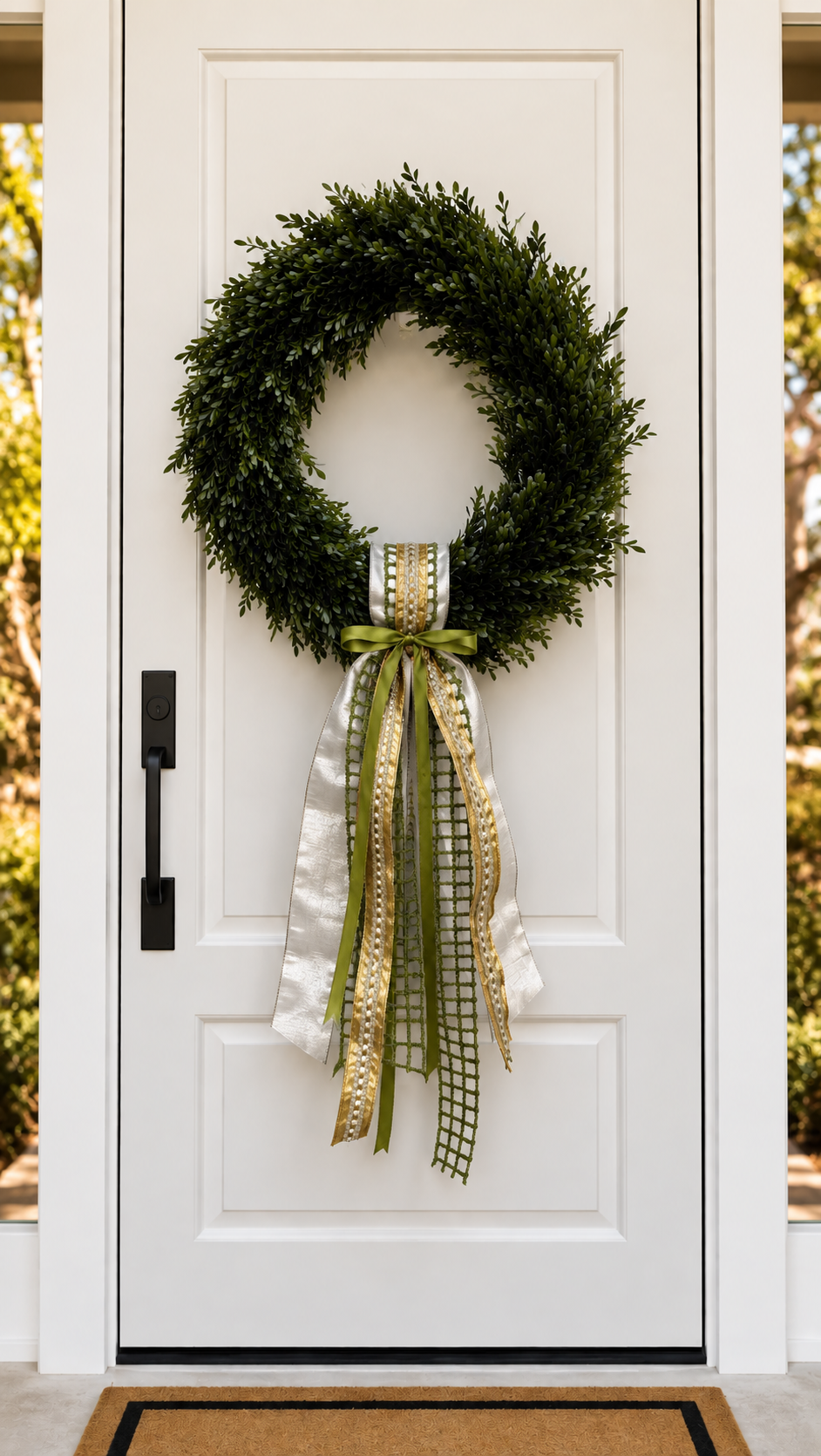 White front door with a boxwood wreath and a silver-white, gold and green ribbon sash