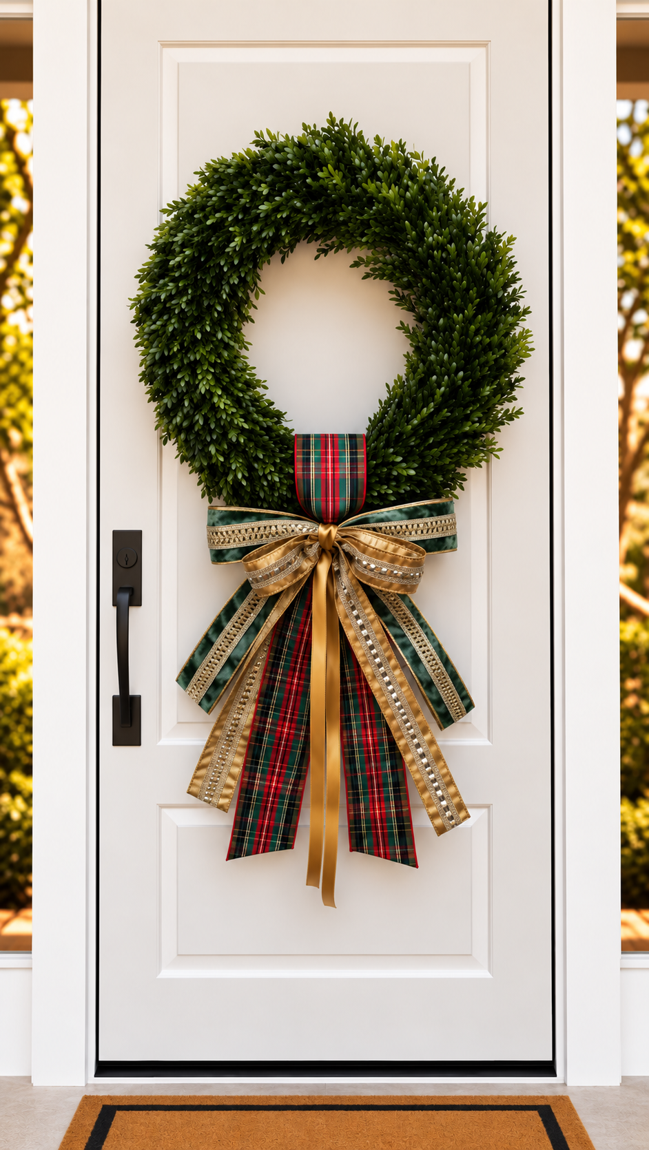 White front door with a boxwood wreath and a tartan, green velvet and gold ribbon sash and bow