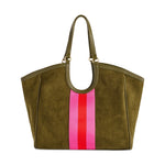 Olive green suede tote bag with pink and red vertical stripe detail