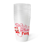 Stack of frosted party cups printed "oh what fun" with Santa swinging on a pink ribbon