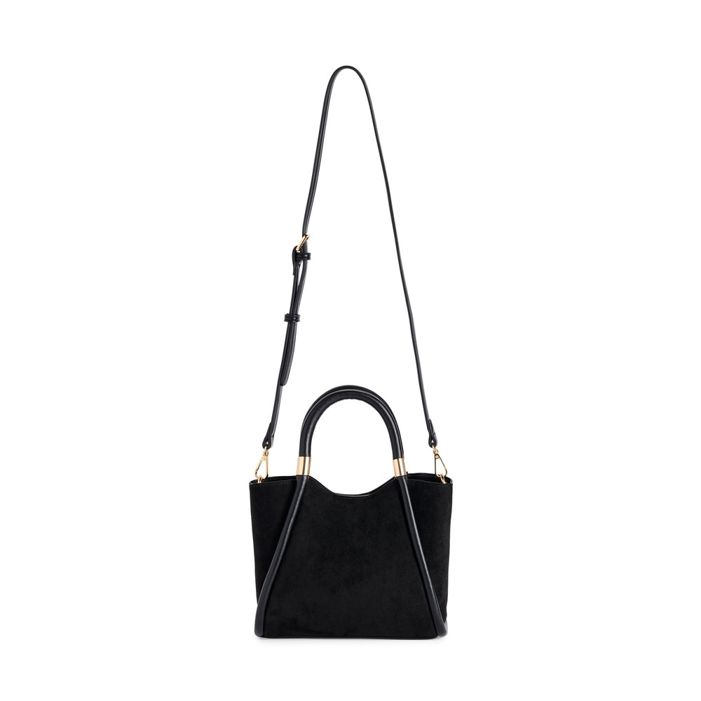 Black suede handbag with dual top handles and adjustable shoulder strap