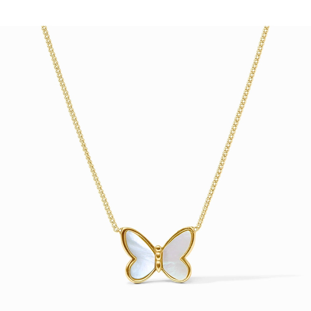 Gold chain necklace with a mother of pearl butterfly pendant