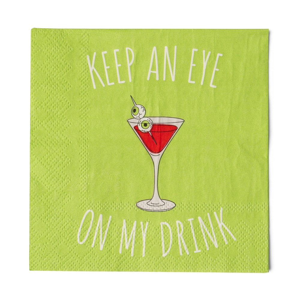 Lime green cocktail napkin reading "Keep an eye on my drink" with a red martini and eyeball garnish