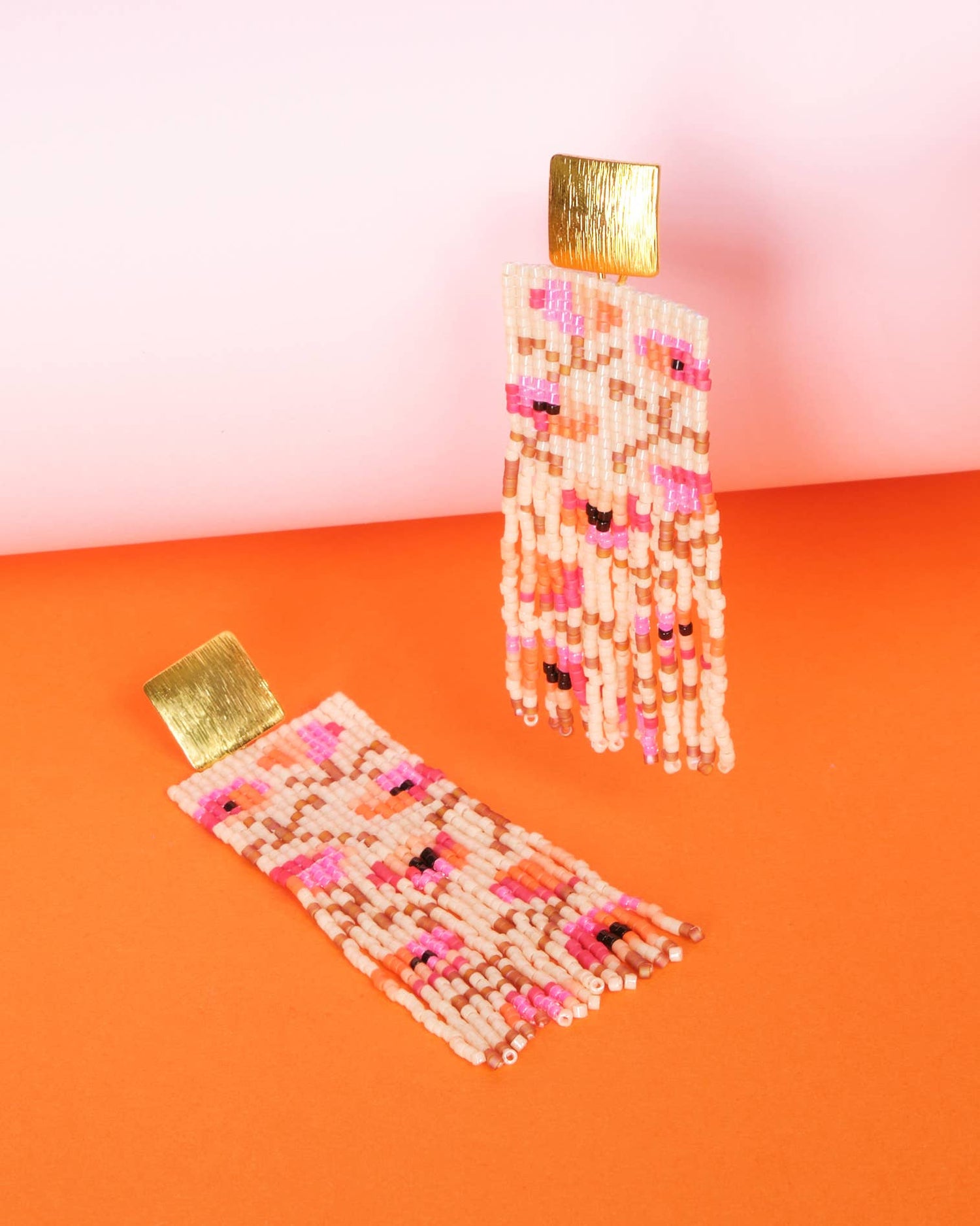 Cream/Pink - Poppy Flower Fringe Earrings