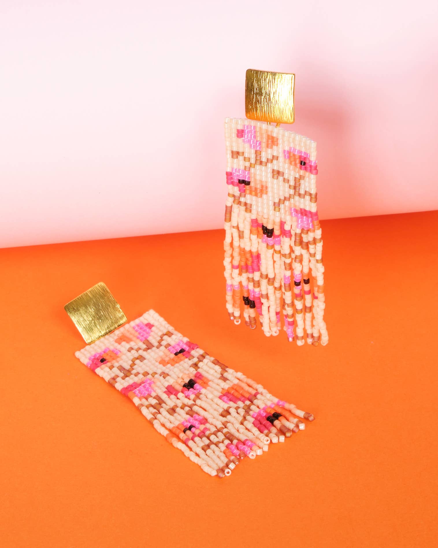 Cream/Pink - Poppy Flower Fringe Earrings