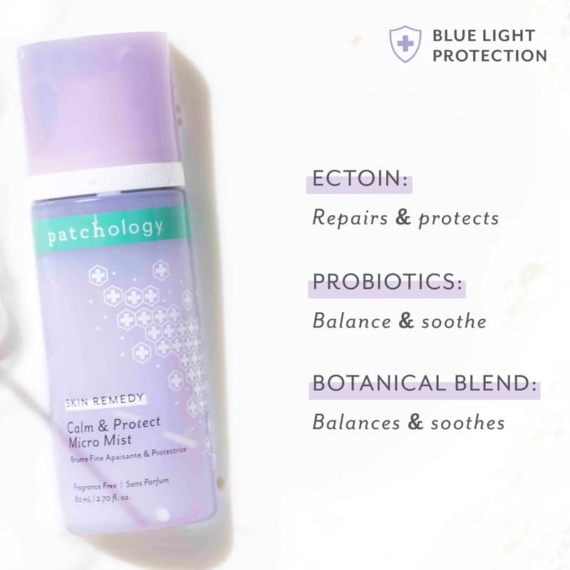 Patchology Skin Remedy Calm and Protect Micro Mist bottle with ingredient benefits listed
