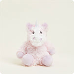 Plush pink unicorn toy with a silver horn