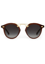 Brown round sunglasses with a gold metal bridge