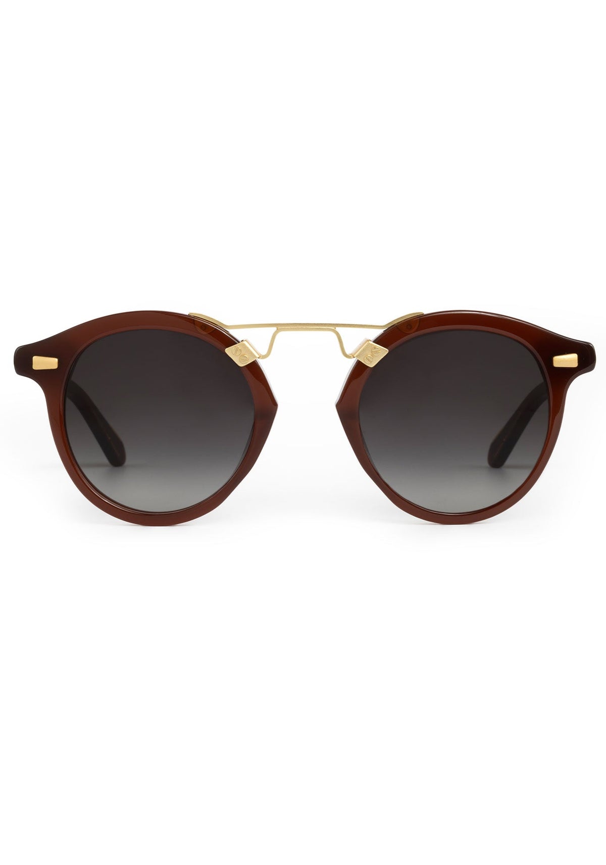 Brown round sunglasses with a gold metal bridge