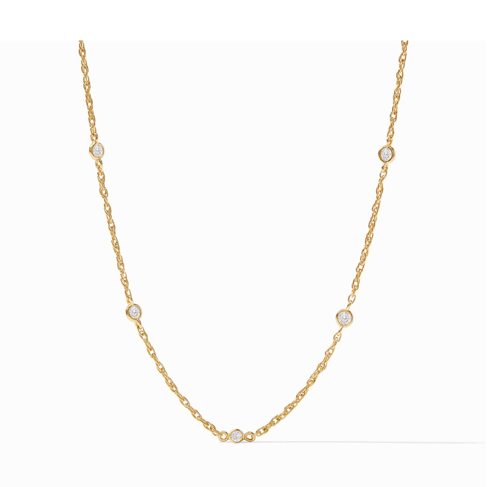 Gold chain necklace with five bezel set round diamonds