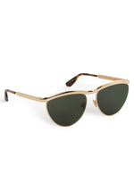 Gold-framed sunglasses with green lenses on a white background