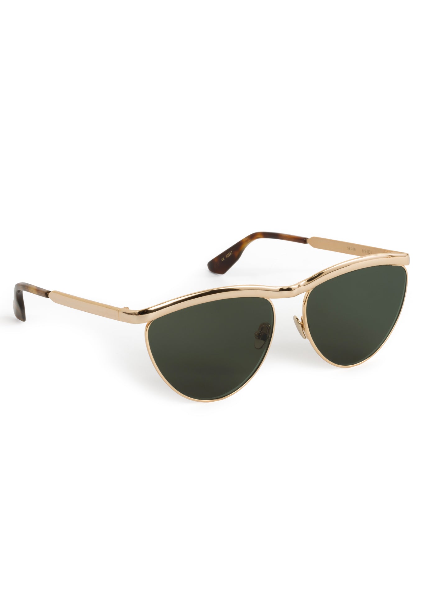 Gold-framed sunglasses with green lenses on a white background