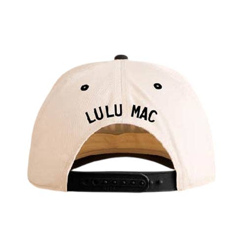 Beige snapback cap with black text reading LULU MAC on the back