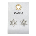 Silver crystal snowflake stud earrings on a silver card reading "Sparkle"