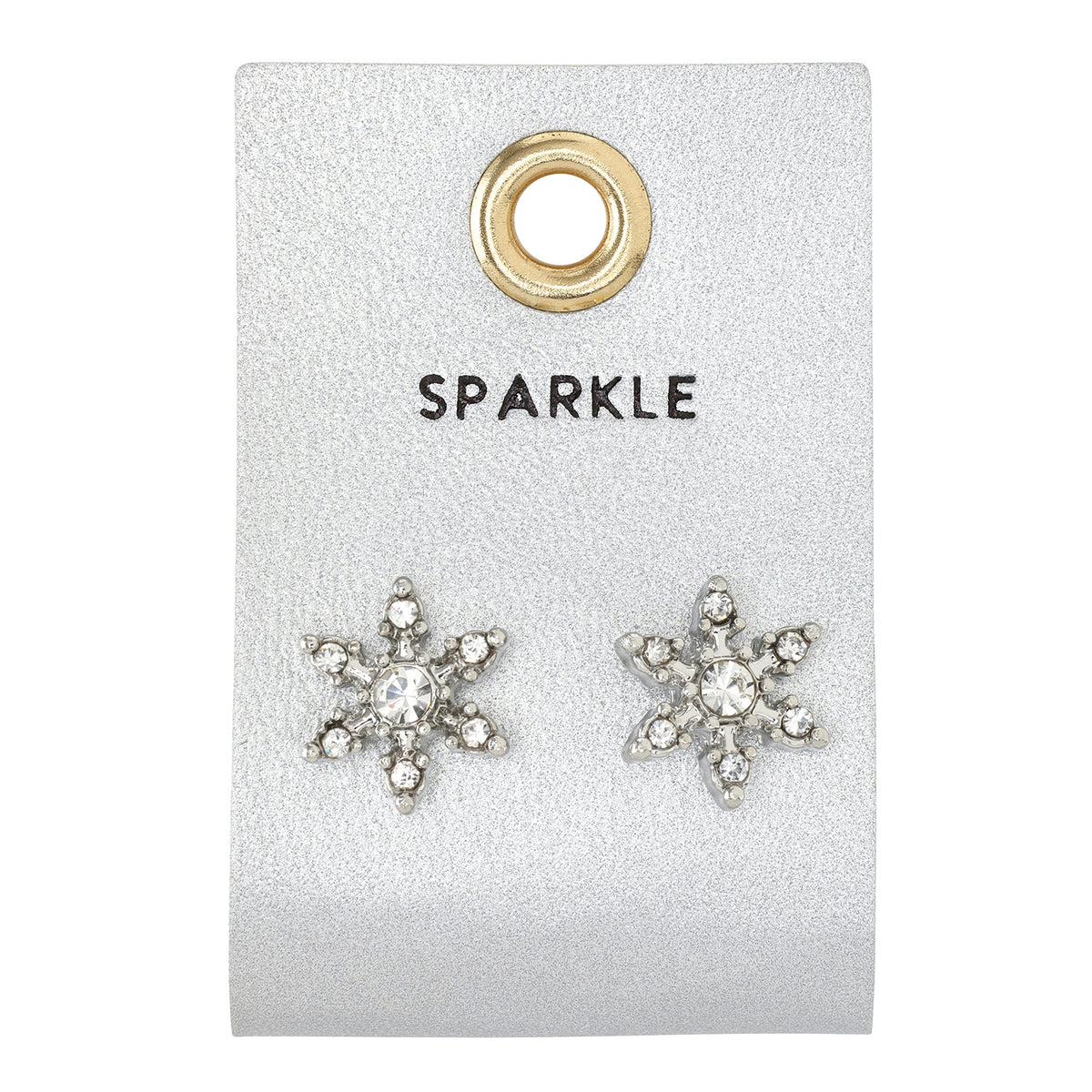 Silver crystal snowflake stud earrings on a silver card reading "Sparkle"