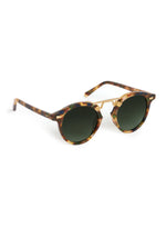 Sunglasses with tortoiseshell frame and dark lenses on a white background