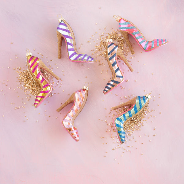 Striped high heel glass ornaments in pastel colors