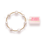 Pearl bracelet with gold chain on a white background, featuring 'Beaded Blondes' label.