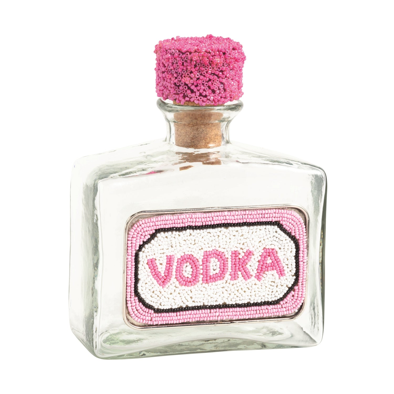 Small glass bottle labeled 'Vodka' with a pink cork on a white background